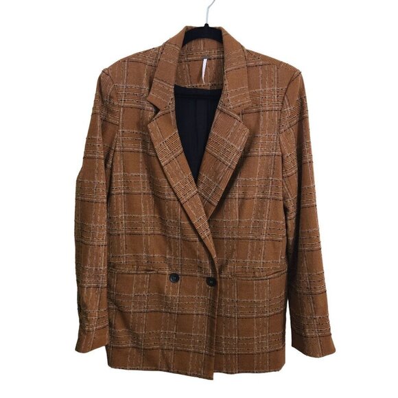 Free People Sporty Girl Uptown Blazer Caramel Brown Plaid Long Lines Size XS - Picture 2 of 12